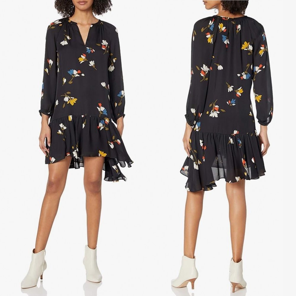 Joie Agrafene Dress Black Silk Floral Asymmetrical Ruffle Short Size‎ Medium